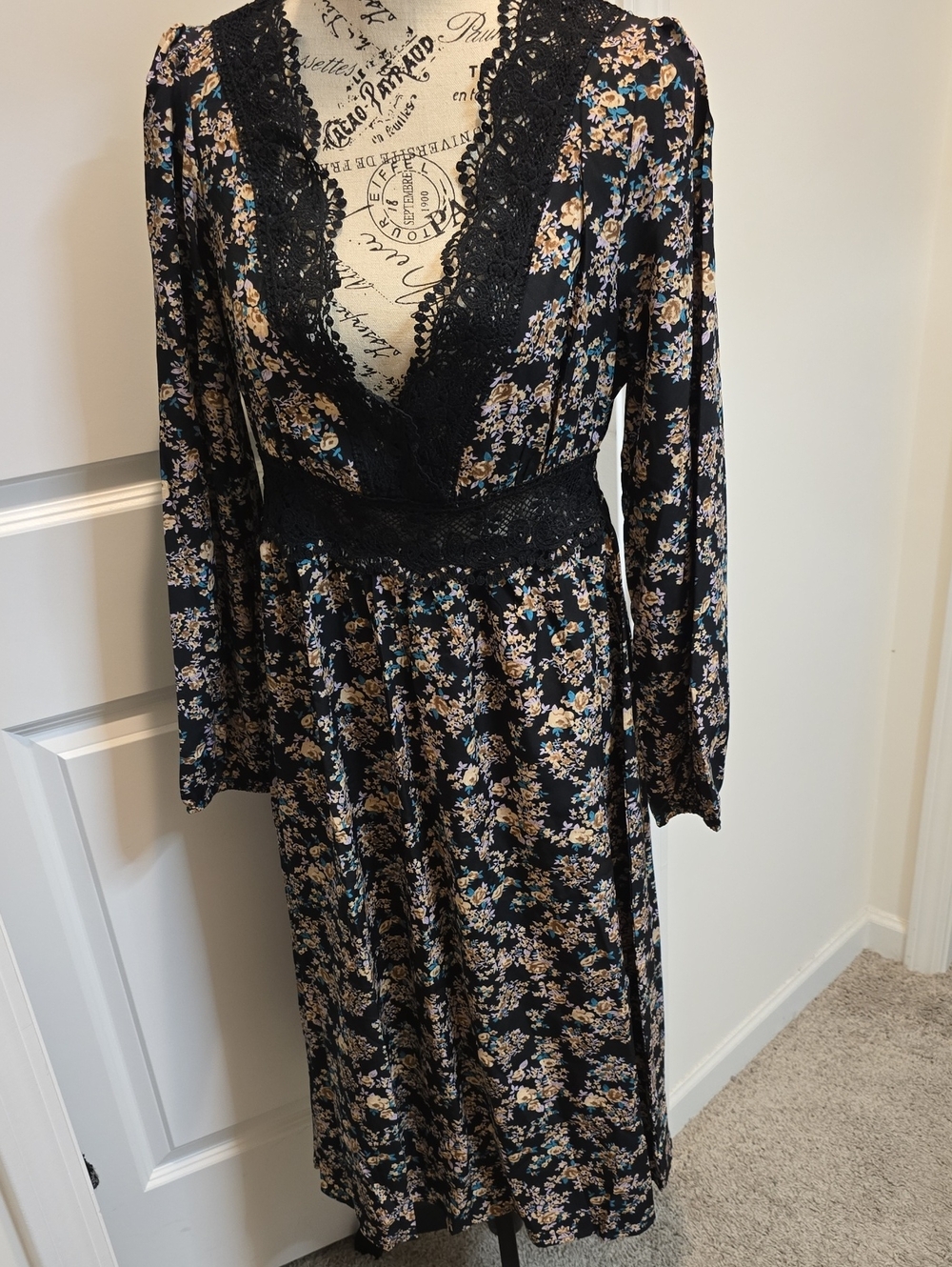 Black Floral Lace-Trim Midi Dress